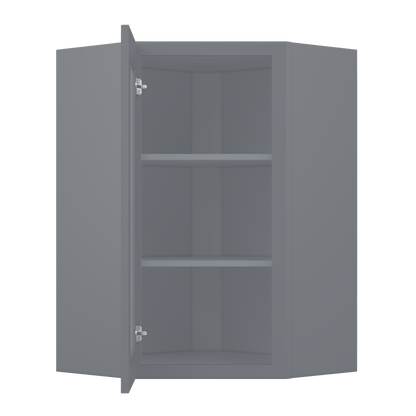 Frosted Glass Diagonal Corner Wall Kitchen Cabinet DCMD2436 Colonial Gray LessCare 24 in. width 36 in. height 12 in.