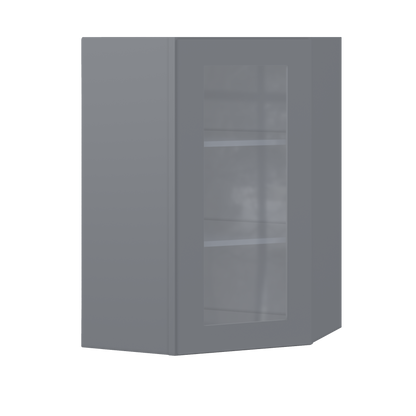 Frosted Glass Diagonal Corner Wall Kitchen Cabinet DCMD2436 Colonial Gray LessCare 24 in. width 36 in. height 12 in.