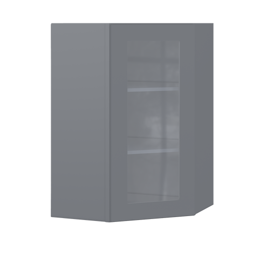 Frosted Glass Diagonal Corner Wall Kitchen Cabinet DCMD2436 Colonial Gray LessCare 24 in. width 36 in. height 12 in.