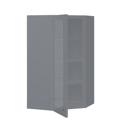 Frosted Glass Diagonal Corner Wall Kitchen Cabinet DCMD2442 Colonial Gray LessCare 24 in. width 42 in. height 12 in.