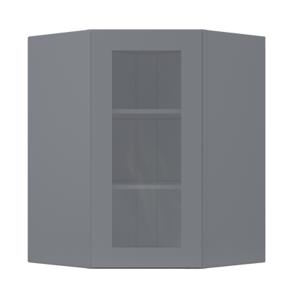 Frosted Glass Diagonal Corner Wall Kitchen Cabinet DCMD2736 Colonial Gray LessCare 27 in. width 36 in. height 15 in.