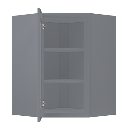 Frosted Glass Diagonal Corner Wall Kitchen Cabinet DCMD2736 Colonial Gray LessCare 27 in. width 36 in. height 15 in.