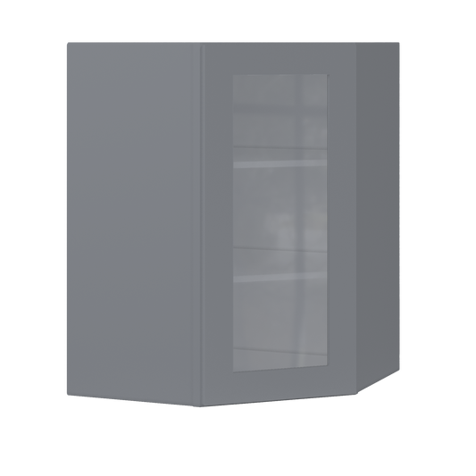 Frosted Glass Diagonal Corner Wall Kitchen Cabinet DCMD2736 Colonial Gray LessCare 27 in. width 36 in. height 15 in.