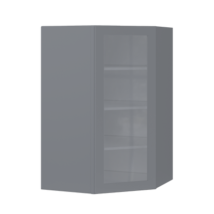 Frosted Glass Diagonal Corner Wall Kitchen Cabinet DCMD2742 Colonial Gray LessCare 27 in. width 42 in. height 15 in.