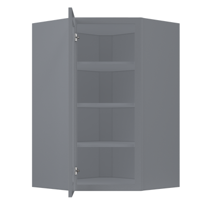 Frosted Glass Diagonal Corner Wall Kitchen Cabinet DCMD2742 Colonial Gray LessCare 27 in. width 42 in. height 15 in.