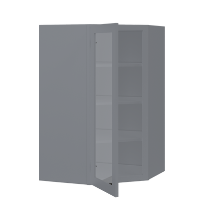 Frosted Glass Diagonal Corner Wall Kitchen Cabinet DCMD2742 Colonial Gray LessCare 27 in. width 42 in. height 15 in.