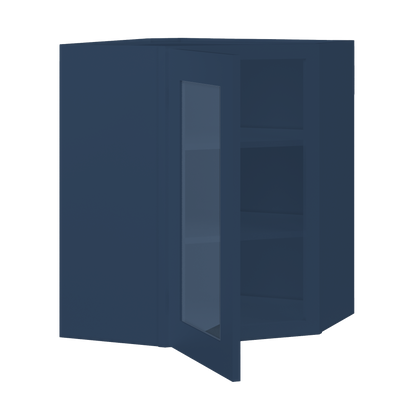 Frosted Glass Door Diagonal Corner Wall Kitchen Cabinet DCMD2430 Danbury Blue LessCare 24 in. width 30 in. height 12