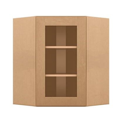 Frosted Glass Door Diagonal Corner Wall Kitchen Cabinet DCMD2430 Shaker Toffee LessCare 24 in. width 30 in. height 12