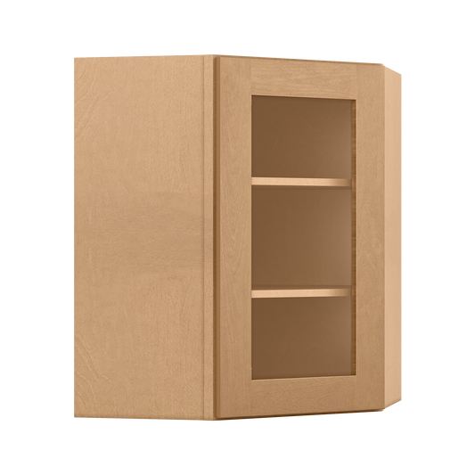 Frosted Glass Door Diagonal Corner Wall Kitchen Cabinet DCMD2430 Shaker Toffee LessCare 24 in. width 30 in. height 12
