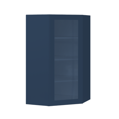 Frosted Glass Door Diagonal Corner Wall Kitchen Cabinet DCMD2442 Danbury Blue LessCare 24 in. width 42 in. height 12
