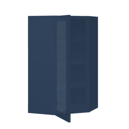 Frosted Glass Door Diagonal Corner Wall Kitchen Cabinet DCMD2442 Danbury Blue LessCare 24 in. width 42 in. height 12