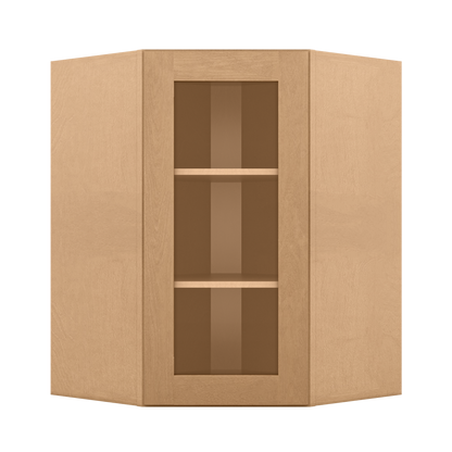 Frosted Glass Door Diagonal Corner Wall Kitchen Cabinet DCMD2736 Shaker Toffee 27 in. width 36 in. height 15 in. depth