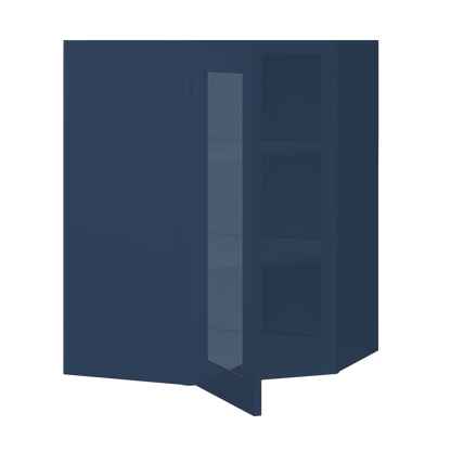 Frosted Glass Door Diagonal Corner Wall Kitchen Cabinet DCMD2736 Danbury Blue LessCare 27 in. width 36 in. height 15