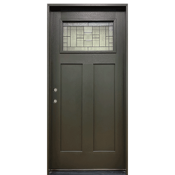 Hometown 36 in. x 80 in. 1/4 Lite Decorative Glass Painted Black Prehung Fiberglass Exterior Door with Brickmold Right