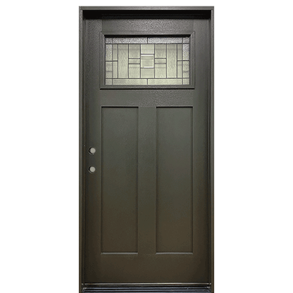 Hometown 36 in. x 80 in. 1/4 Lite Decorative Glass Painted Black Prehung Fiberglass Exterior Door with Brickmold Right