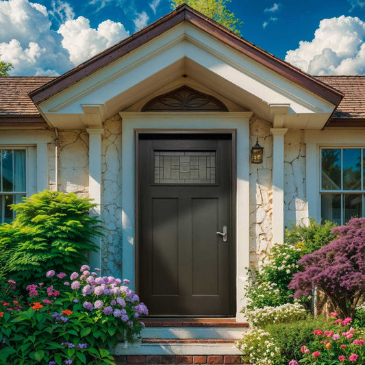 Hometown 36 in. x 80 in. 1/4 Lite Decorative Glass Painted Black Prehung Fiberglass Exterior Door with Brickmold