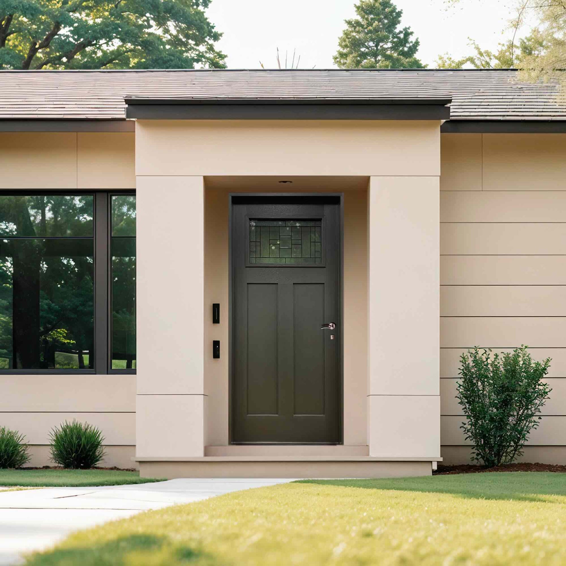 Hometown 36 in. x 80 in. 1/4 Lite Decorative Glass Painted Black Prehung Fiberglass Exterior Door with Brickmold