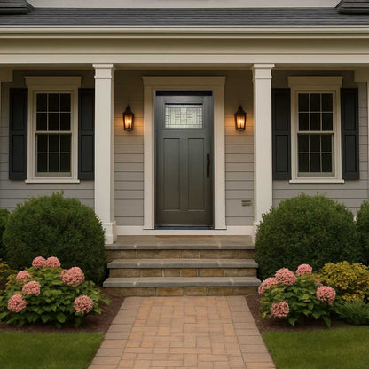 Hometown 36 in. x 80 in. 1/4 Lite Decorative Glass Painted Gray Prehung Fiberglass Exterior Door with Brickmold