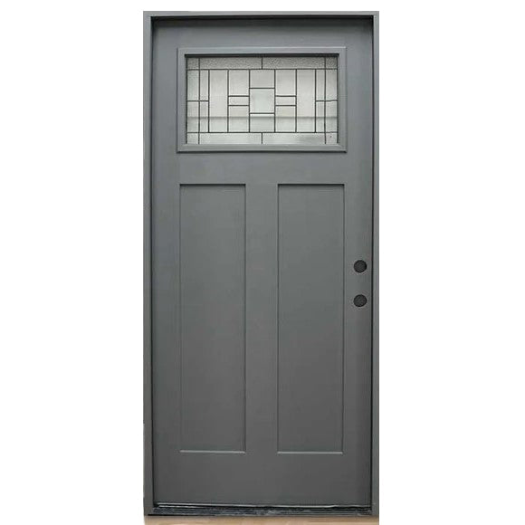 Hometown 36 in. x 80 in. 1/4 Lite Decorative Glass Painted Gray Prehung Fiberglass Exterior Door with Brickmold