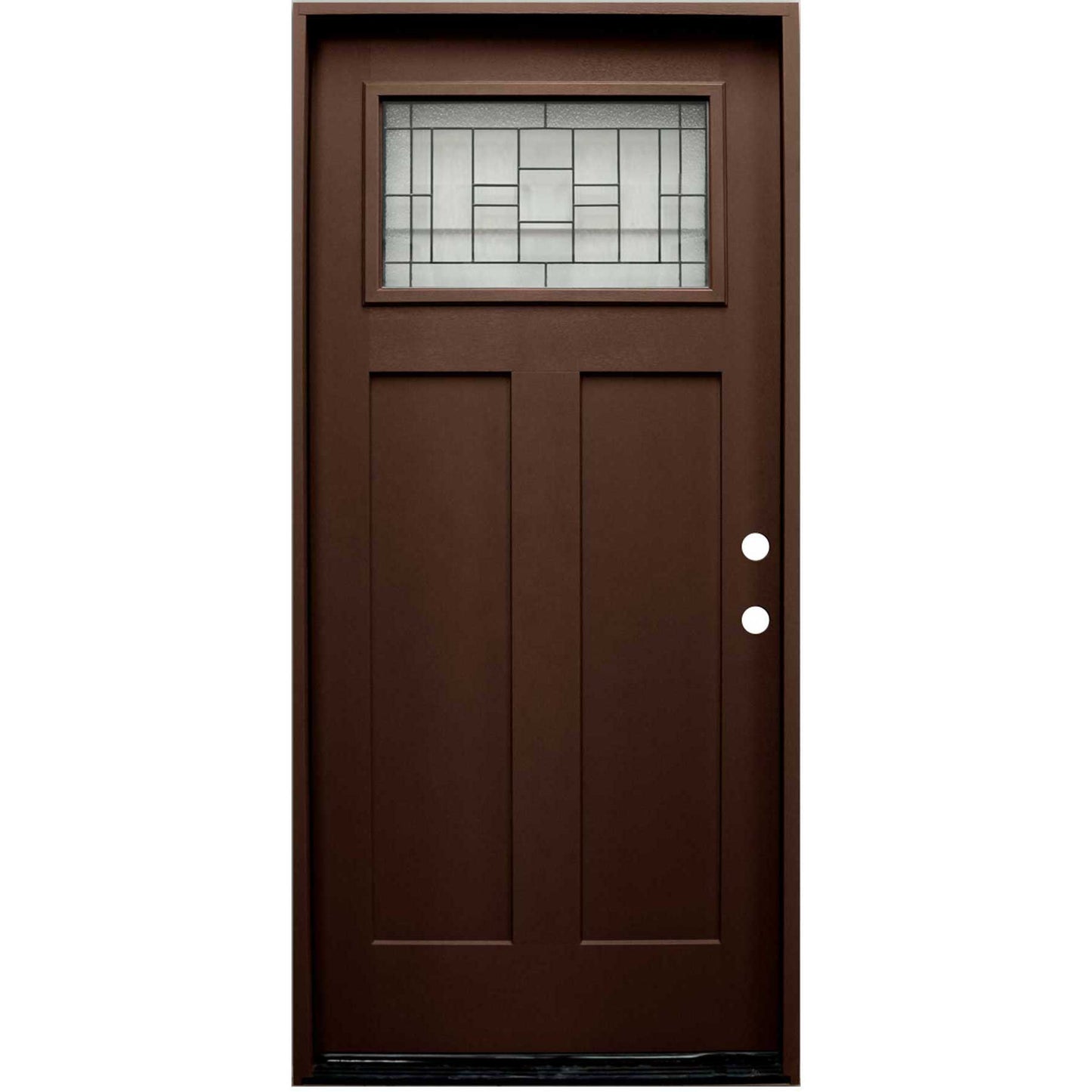 Hometown 36 in. x 80 in. 1/4 Lite Decorative Glass Stained Dark Walnut Prehung Fiberglass Exterior Door with Brickmold