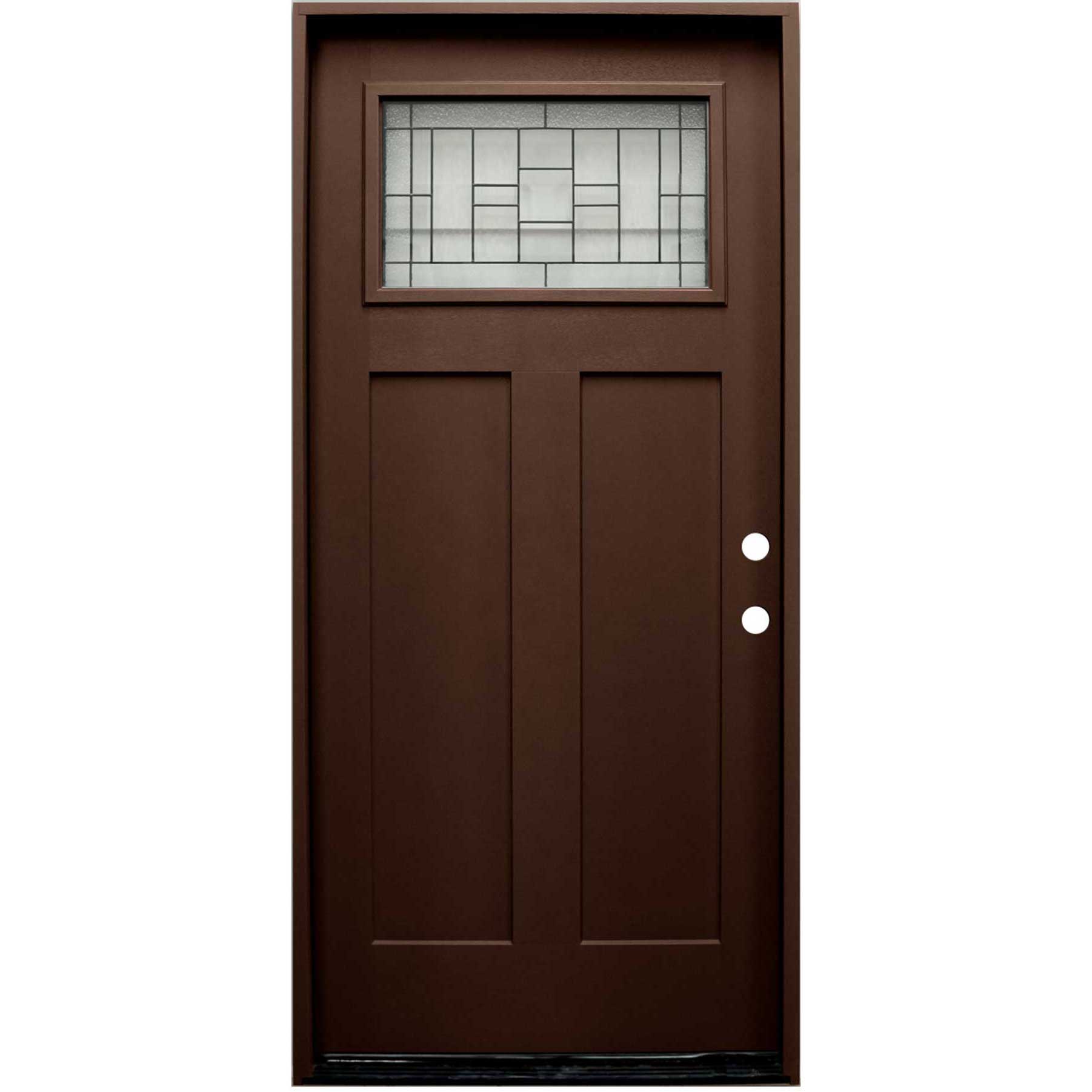 Hometown 36 in. x 80 in. 1/4 Lite Decorative Glass Stained Dark Walnut Prehung Fiberglass Exterior Door with Brickmold