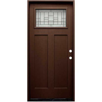Hometown 36 in. x 80 in. 1/4 Lite Decorative Glass Stained Dark Walnut Prehung Fiberglass Exterior Door with Brickmold