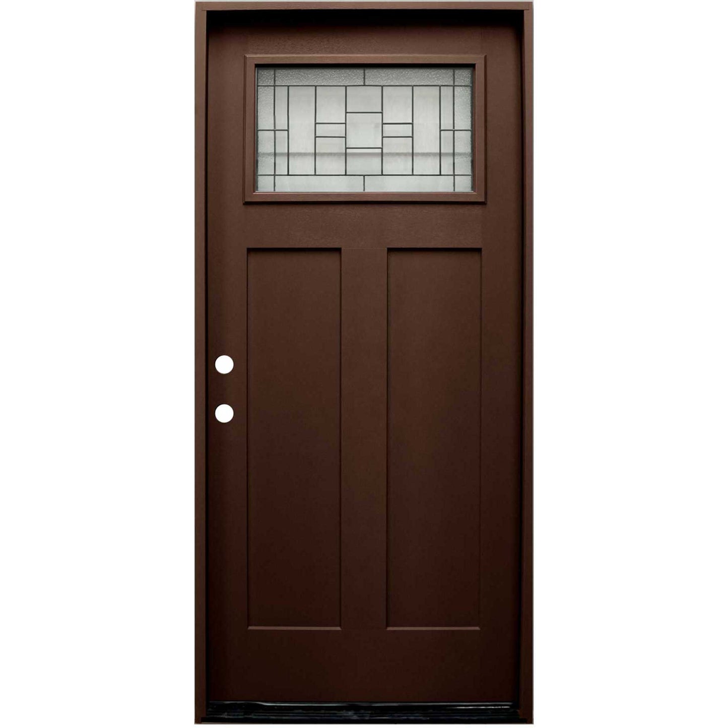 Hometown 36 in. x 80 in. 1/4 Lite Decorative Glass Stained Dark Walnut Prehung Fiberglass Exterior Door with Brickmold