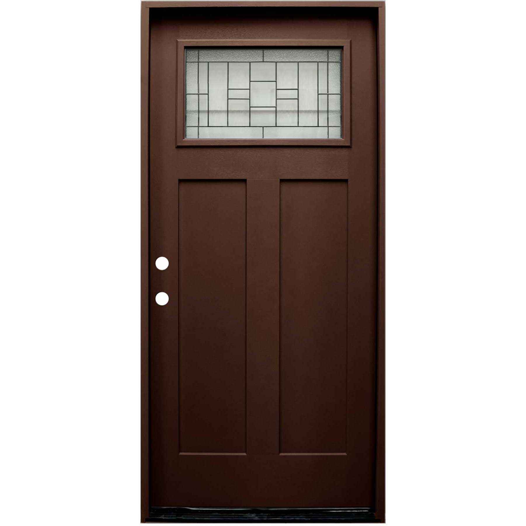 Hometown 36 in. x 80 in. 1/4 Lite Decorative Glass Stained Dark Walnut Prehung Fiberglass Exterior Door with Brickmold
