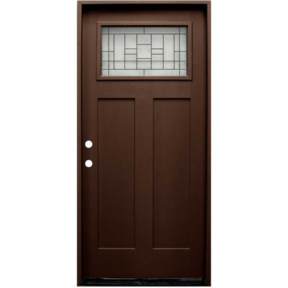 Hometown 36 in. x 80 in. 1/4 Lite Decorative Glass Stained Dark Walnut Prehung Fiberglass Exterior Door with Brickmold