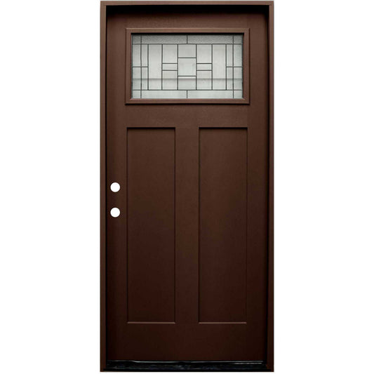 Hometown 36 in. x 80 in. 1/4 Lite Decorative Glass Stained Dark Walnut Prehung Fiberglass Exterior Door with Brickmold