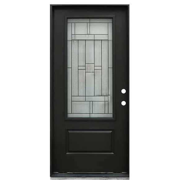 Hometown 36 in. x 80 in. 3/4 Lite Decorative Glass Painted Black Prehung Fiberglass Exterior Door with Brickmold