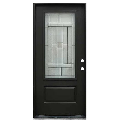 Hometown 36 in. x 80 in. 3/4 Lite Decorative Glass Painted Black Prehung Fiberglass Exterior Door with Brickmold