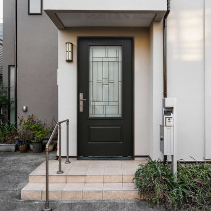 Hometown 36 in. x 80 in. 3/4 Lite Decorative Glass Painted Black Prehung Fiberglass Exterior Door with Brickmold