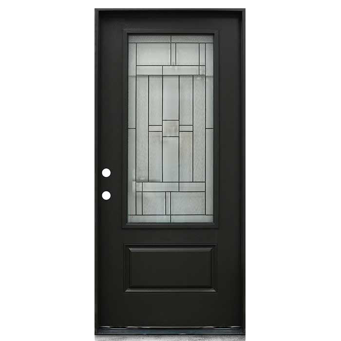 Hometown 36 in. x 80 in. 3/4 Lite Decorative Glass Painted Black Prehung Fiberglass Exterior Door with Brickmold
