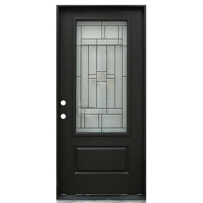 Hometown 36 in. x 80 in. 3/4 Lite Decorative Glass Painted Black Prehung Fiberglass Exterior Door with Brickmold