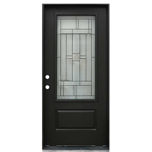 Hometown 36 in. x 80 in. 3/4 Lite Decorative Glass Painted Black Prehung Fiberglass Exterior Door with Brickmold