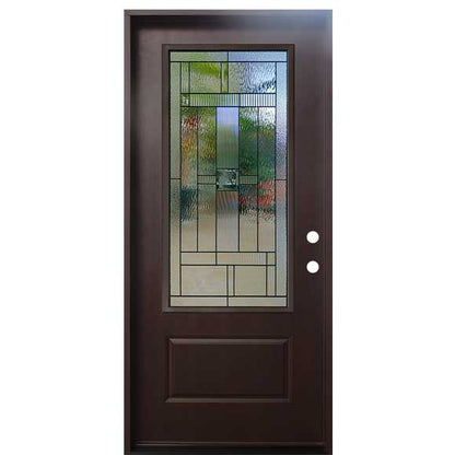 Hometown 36 in. x 80 in. 3/4 Lite Decorative Glass Stained Dark Walnut Prehung Fiberglass Exterior Door with Brickmold
