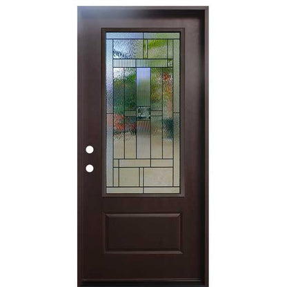 Hometown 36 in. x 80 in. 3/4 Lite Decorative Glass Stained Dark Walnut Prehung Fiberglass Exterior Door with Brickmold
