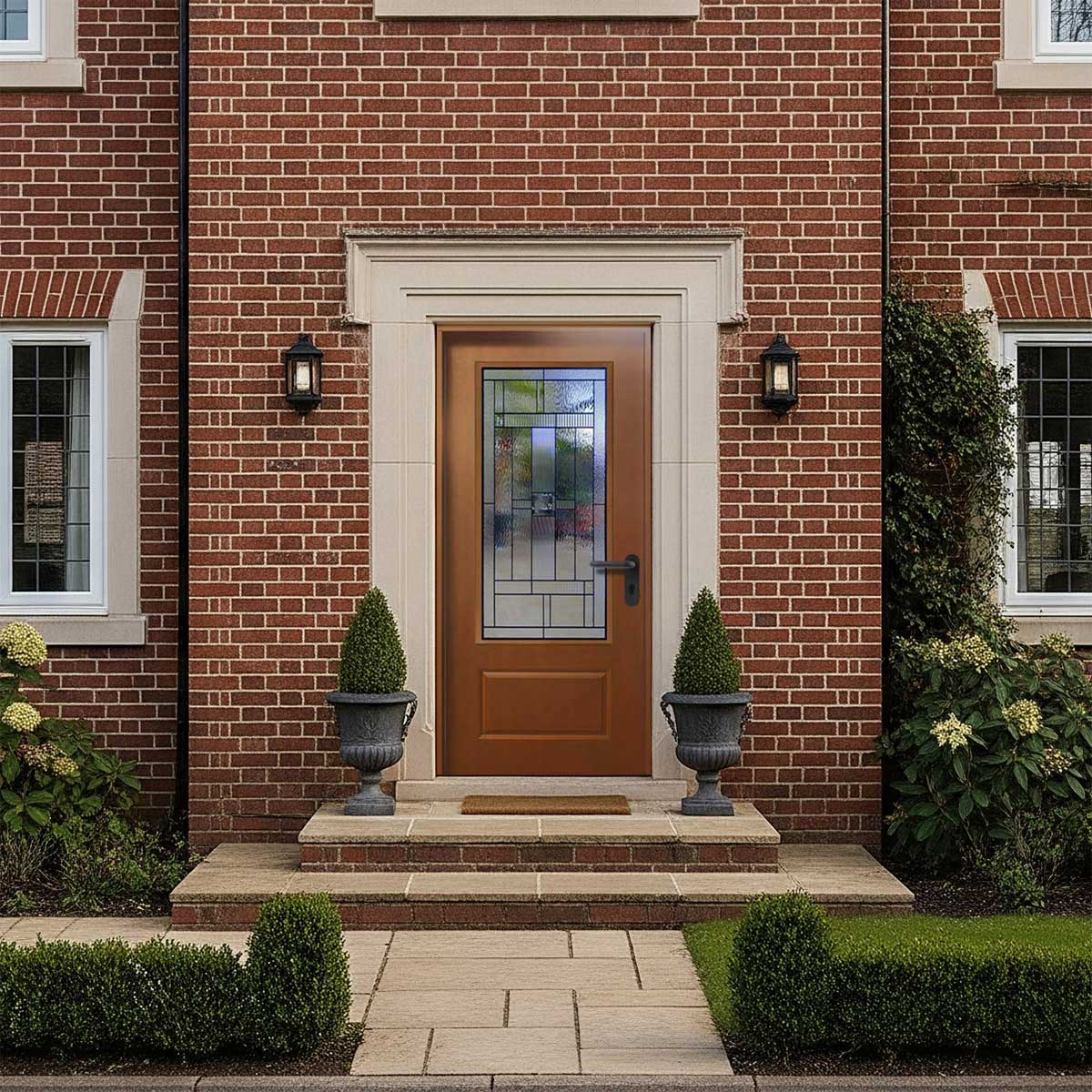 Hometown 36 in. x 80 in. 3/4 Lite Decorative Glass Stained Light Brown Prehung Fiberglass Exterior Door with Brickmold