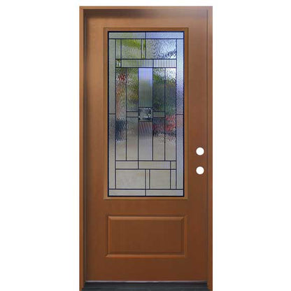 Hometown 36 in. x 80 in. 3/4 Lite Decorative Glass Stained Light Brown Prehung Fiberglass Exterior Door with Brickmold
