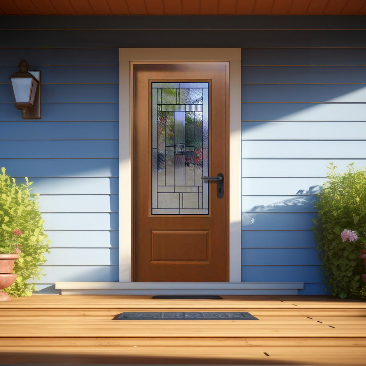 Hometown 36 in. x 80 in. 3/4 Lite Decorative Glass Stained Light Brown Prehung Fiberglass Exterior Door with Brickmold