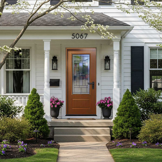 Hometown 36 in. x 80 in. 3/4 Lite Decorative Glass Stained Light Brown Prehung Fiberglass Exterior Door with Brickmold