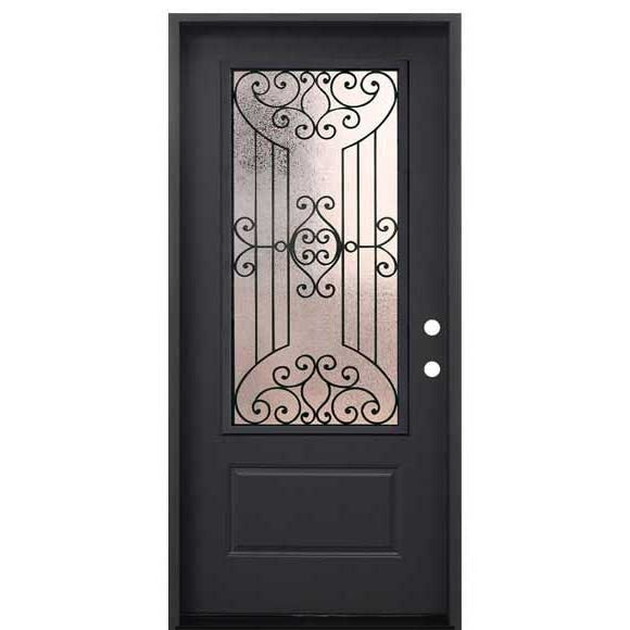 Jupiter 36 in. x 80 in. 3/4 Lite Decorative Glass Painted Black Prehung Fiberglass Exterior Door with Brickmold Left