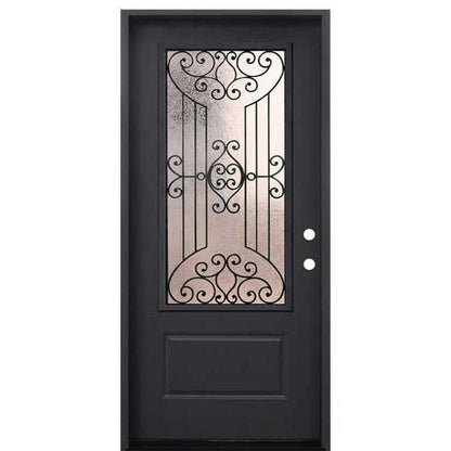 Jupiter 36 in. x 80 in. 3/4 Lite Decorative Glass Painted Black Prehung Fiberglass Exterior Door with Brickmold Left