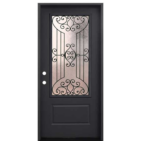 Jupiter 36 in. x 80 in. 3/4 Lite Decorative Glass Painted Black Prehung Fiberglass Exterior Door with Brickmold Right