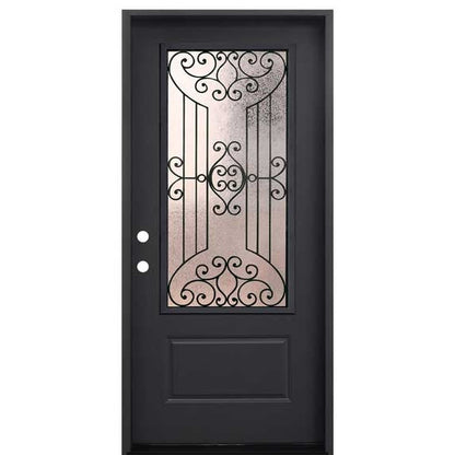 Jupiter 36 in. x 80 in. 3/4 Lite Decorative Glass Painted Black Prehung Fiberglass Exterior Door with Brickmold Right