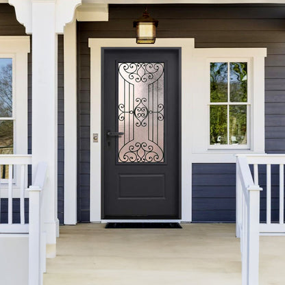 Jupiter 36 in. x 80 in. 3/4 Lite Decorative Glass Painted Black Prehung Fiberglass Exterior Door with Brickmold