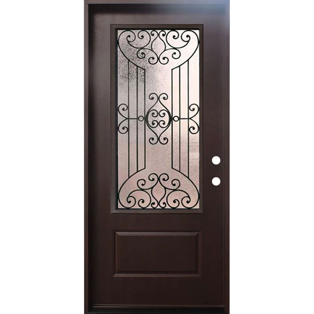 Jupiter 36 in. x 80 in. 3/4 Lite Decorative Glass Stained Dark Walnut Prehung Fiberglass Exterior Door with Brickmold