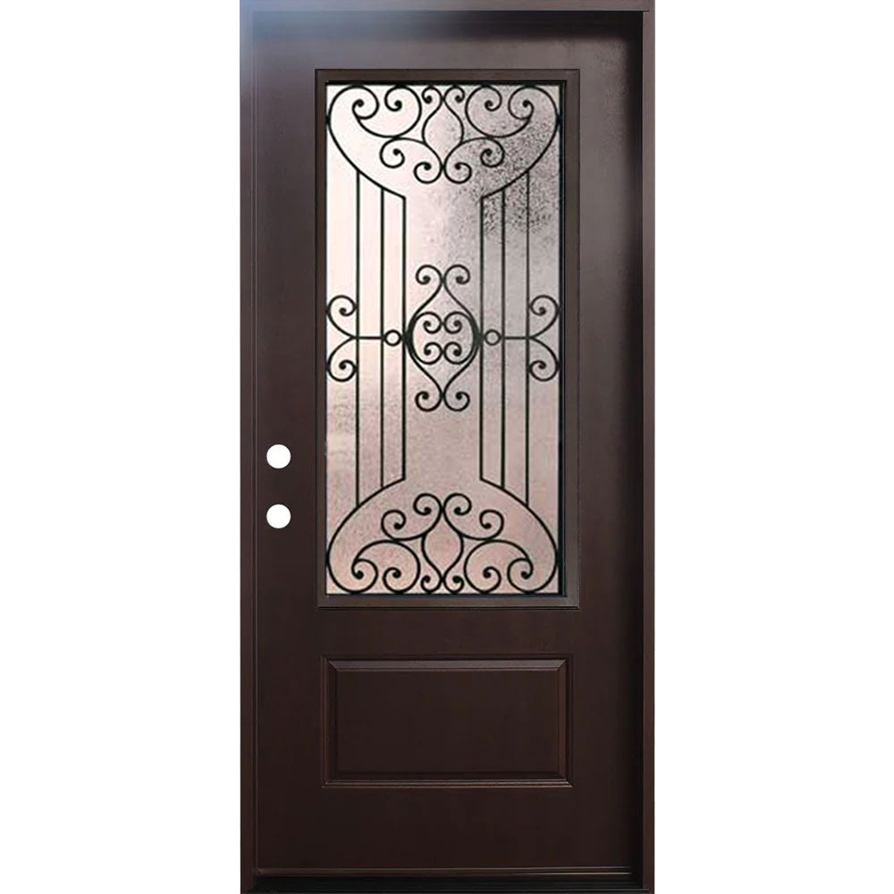 Jupiter 36 in. x 80 in. 3/4 Lite Decorative Glass Stained Dark Walnut Prehung Fiberglass Exterior Door with Brickmold