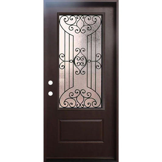 Jupiter 36 in. x 80 in. 3/4 Lite Decorative Glass Stained Dark Walnut Prehung Fiberglass Exterior Door with Brickmold